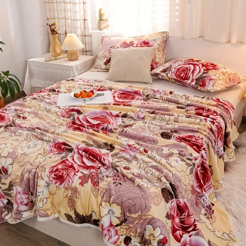 1pc of Luxurious Thickened Floral Flannel Coral Blanket, Soft, Warm, and Comfortable Bedding for Naps, Sofa Throw, Cover Blanket, Office Nap Blanket, Air-conditioned Blanket. Suitable for Sofas, Offices, Beds, Cars, Camping Trips, Home Decor