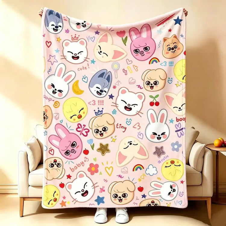 Printed Flannel Fleece Blanket - Colorful Fuzzy SKZ Fan Throw, Comfy Cute Cartoon Blanket, Fandom Bedding, Kids Gift, Lounge & Travel Use, Colorful Fuzzy Blanket