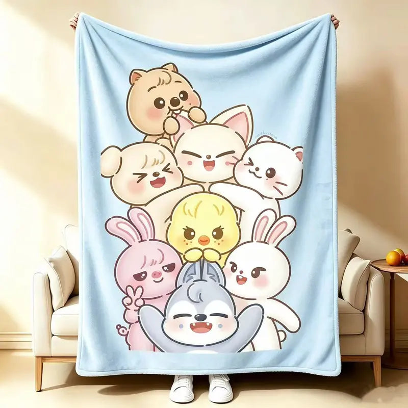 Printed Flannel Fleece Blanket - Colorful Fuzzy SKZ Fan Throw, Comfy Cute Cartoon Blanket, Fandom Bedding, Kids Gift, Lounge & Travel Use, Colorful Fuzzy Blanket